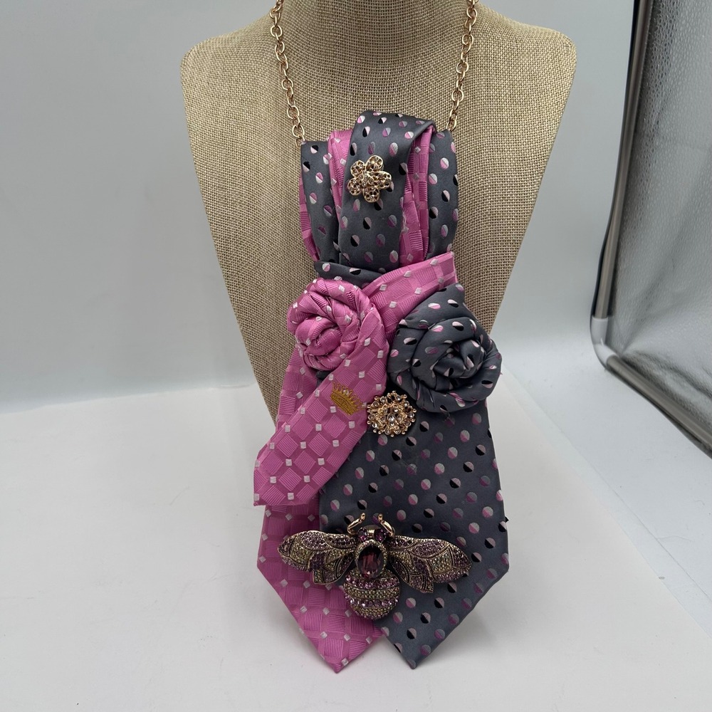 Handmade Countess Mara Silk Tie Statement Necklace Jeweled Bee Pink Grey Rosette